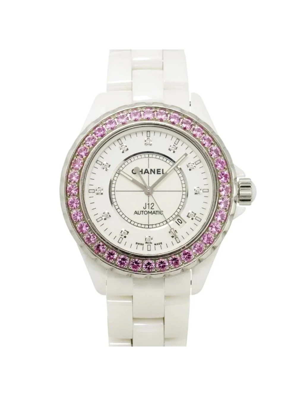 Chanel 42 Watch Date Diamond Pink Saffiano Bezel White Ceramic Automatic Winding